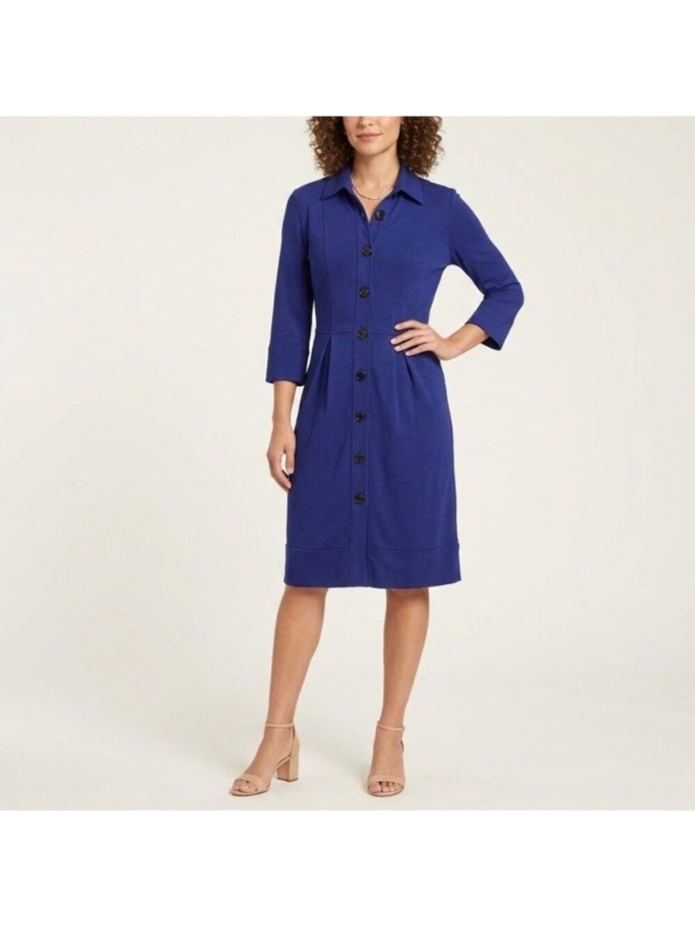 Vintage Talbots Dress Womens 4 Blue Button Front Shirt Dress 3/4 Sleeve Midi